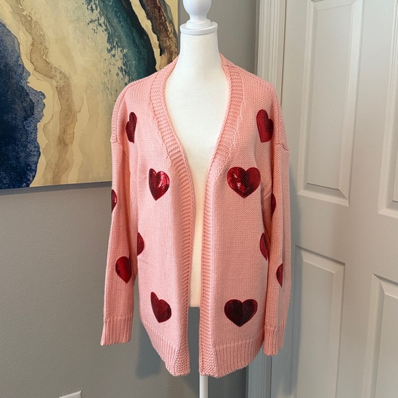 Oversized Sequin Heart Cardigan in Blush - Picture 1 of 6
